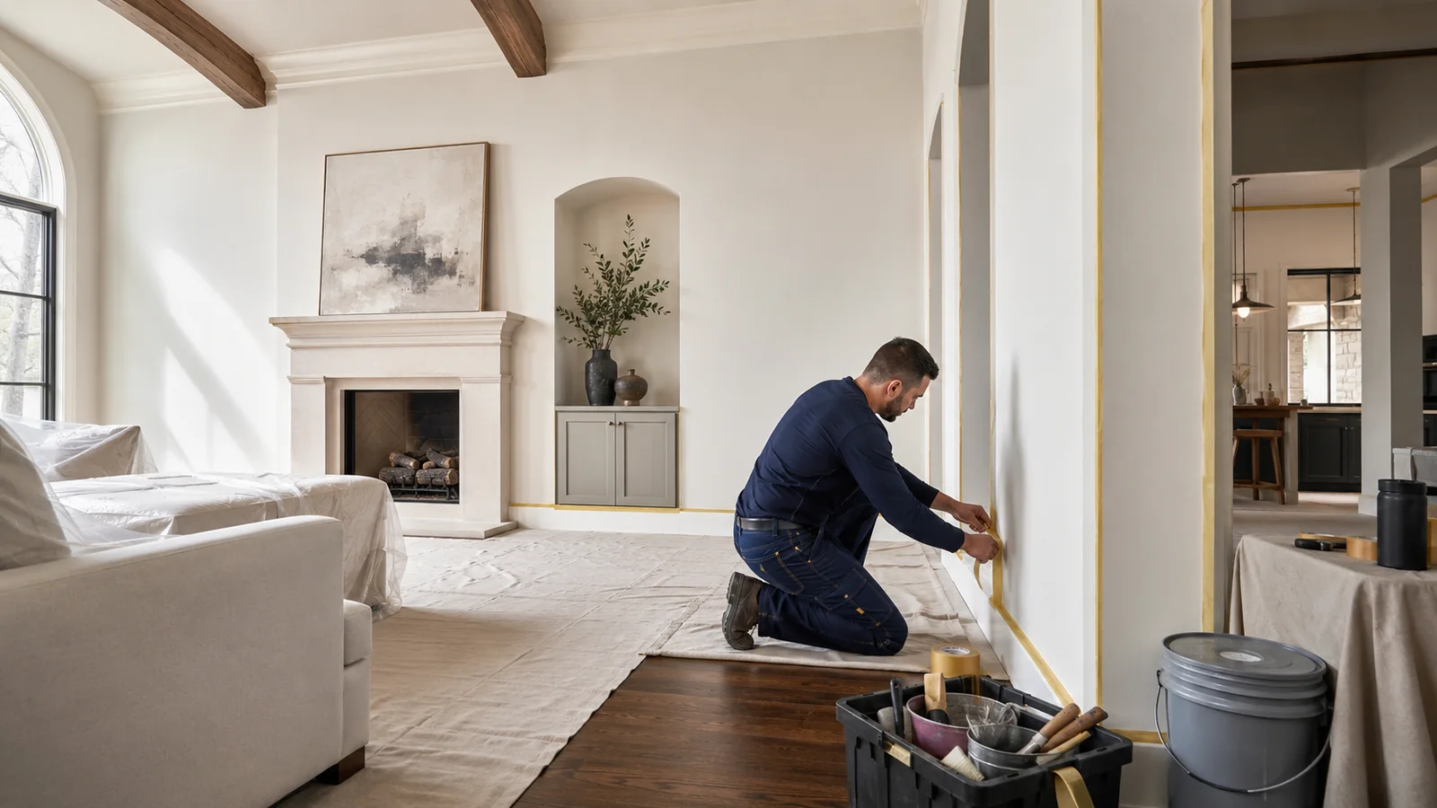 Painter carefully preparing trim in a protected living room